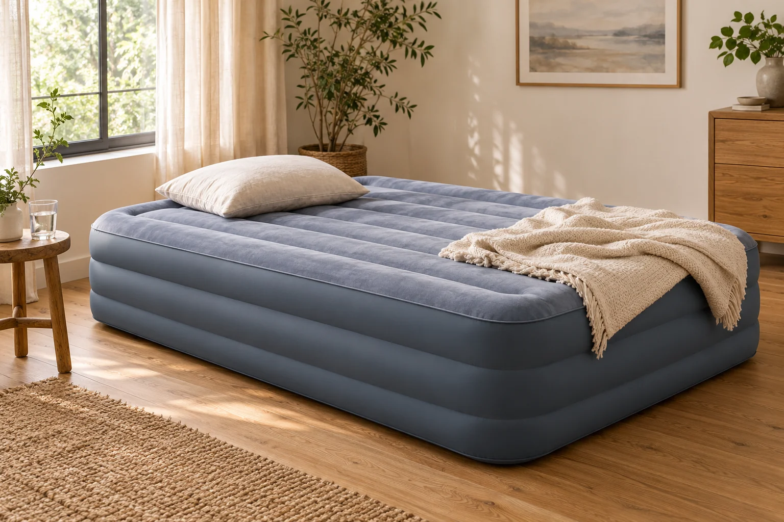 Un matelas gonflable surélevé avec une couverture légère dans une chambre d’amis accueillante — illustration de catégorie générée par IA